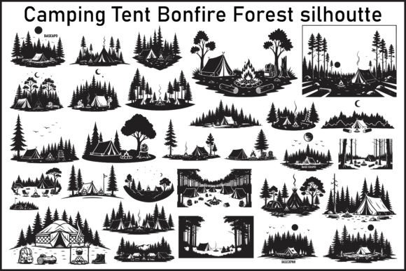 Camping Tent Bonfire Forest Silhouette Graphics