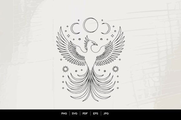 Celestial Phoenix Line Art SVG Graphics & Illustrations