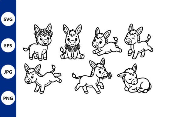 Donkey Line Art Set with Flowers and Graphics