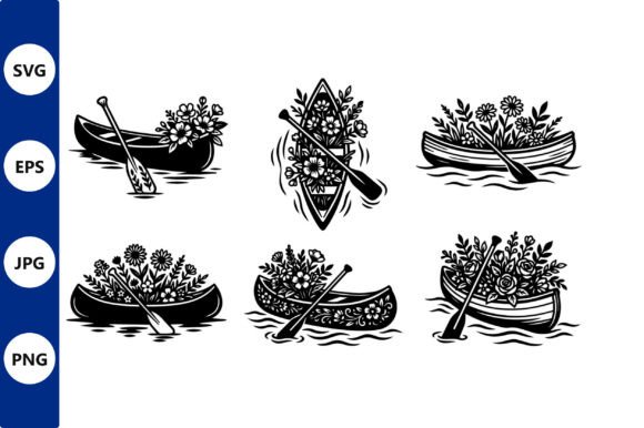 Floral Canoes in Folk Art Style Graphics & Illustrations