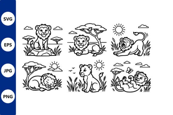 Lions in Savanna Line Art Bundle: Graphics & Illustrations Review