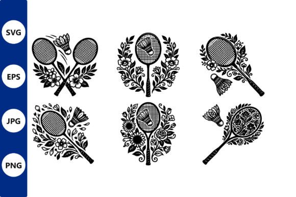Ornate Floral Badminton Racket Graphics & Illustrations