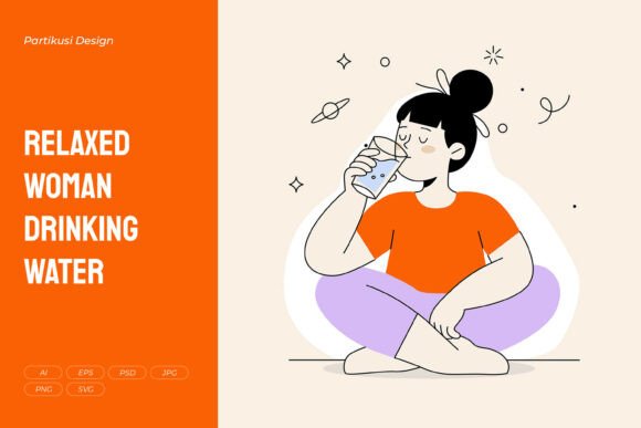 Relaxed Woman Drinking Water Graphics & Illustrations