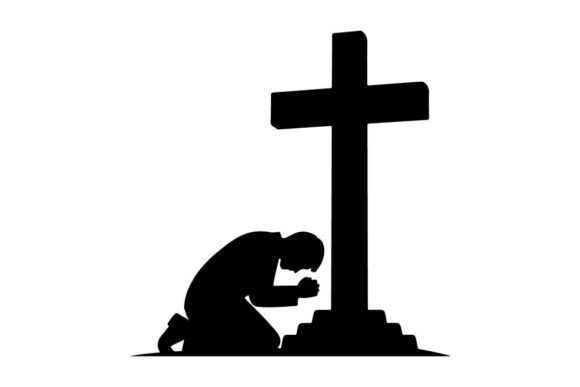 Silhouette Praying at Cross: Graphics & Illustrations