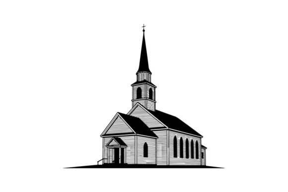 White Wooden Church Illustration with St